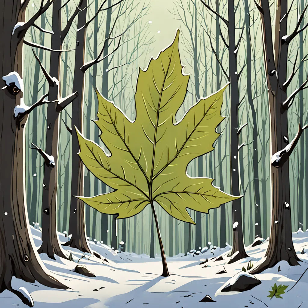 a leaf is shown in the middle of a snowy forest with trees and rocks on the ground and snow on the ground, environmental art, a storybook illustration, Asaf Hanuka, promotional image