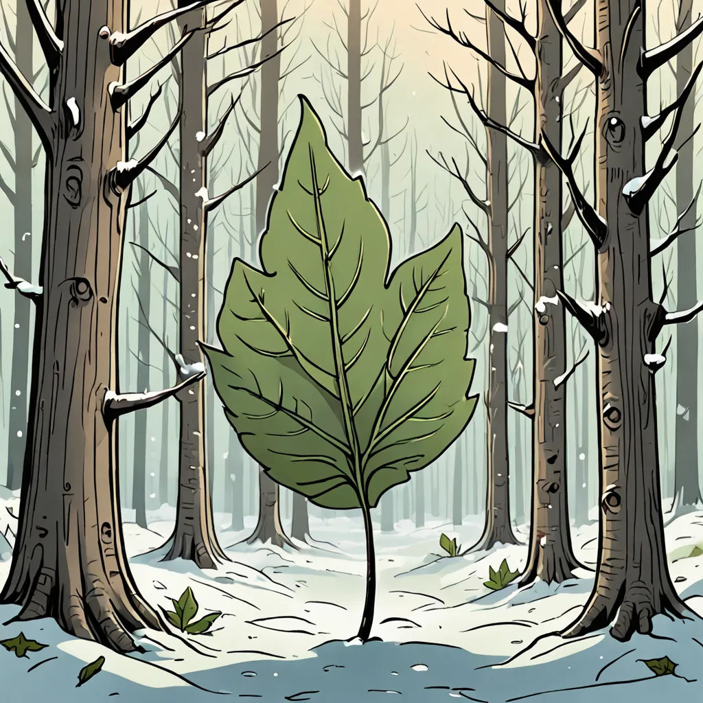 a leaf is in the middle of a snowy forest with trees and snow on the ground and snow on the ground, environmental art, a storybook illustration, Asaf Hanuka, comic cover art