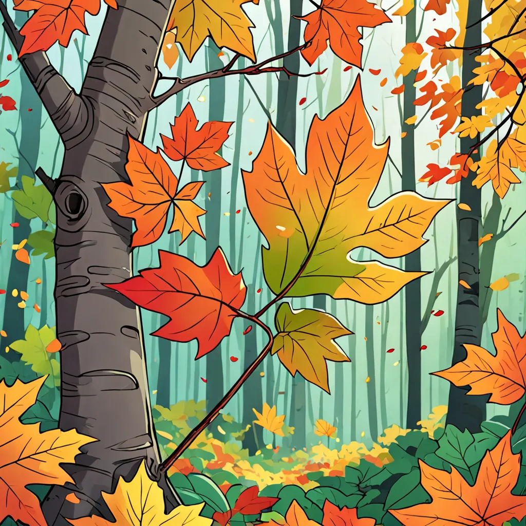 a painting of a tree with autumn leaves on it and a forest in the background with trees and leaves, context art, a storybook illustration, Atey Ghailan, autumn