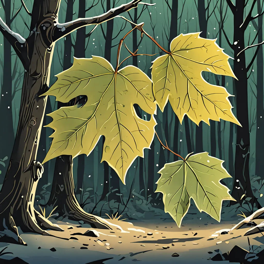 a painting of a leafy tree in a snowy forest with snow falling on the ground and a trail leading to it, magic realism, a storybook illustration, Dan Mumford, storybook illustration