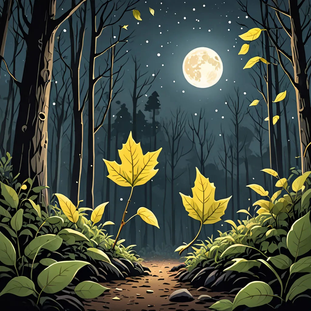 a painting of a forest with a path leading to a full moon in the sky and leaves on the ground, magical realism, a storybook illustration, Dan Mumford, storybook illustration