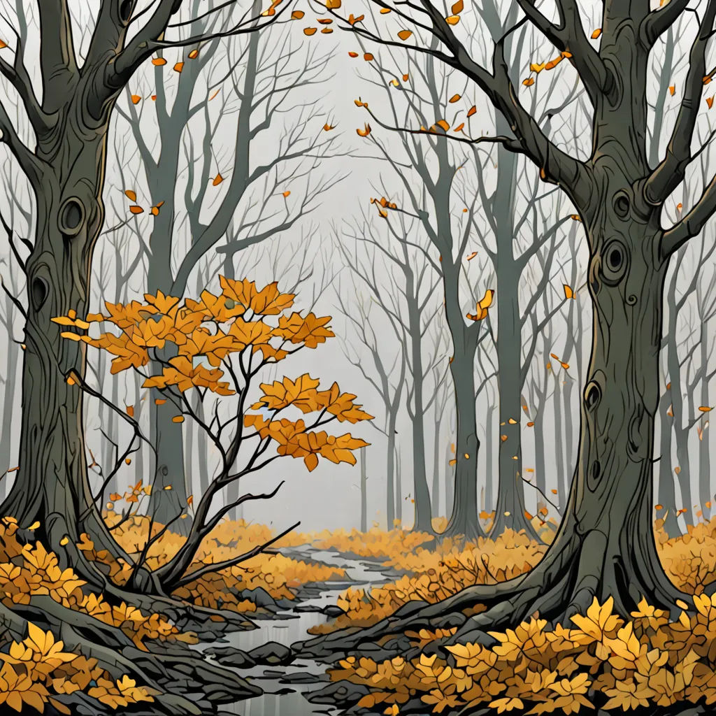 a painting of a stream in a forest with trees and leaves on the ground and a stream running through it, generative art, a storybook illustration, Dan Mumford, josan gonzales and dan mumford