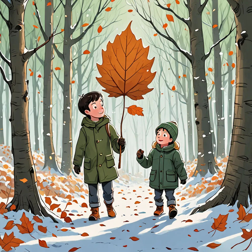 a boy and a girl walking in the woods with a leaf umbrella in hand, with a boy holding a leaf, art & language, a storybook illustration, Diego Gisbert Llorens, storybook illustration