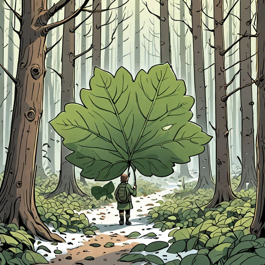a man carrying a large leaf in a forest with trees and rocks on the ground, with a path leading to it, environmental art, a storybook illustration, Asaf Hanuka, graphic novel
