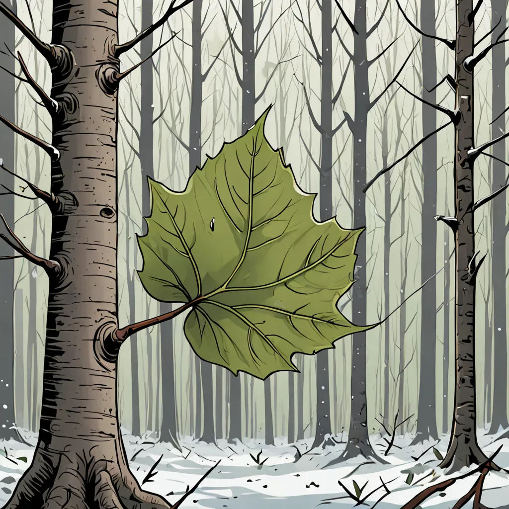 a leaf is hanging from a tree in the snow in a forest with snow on the ground and bare trees, symbolism, a storybook illustration, Asaf Hanuka, comic cover art