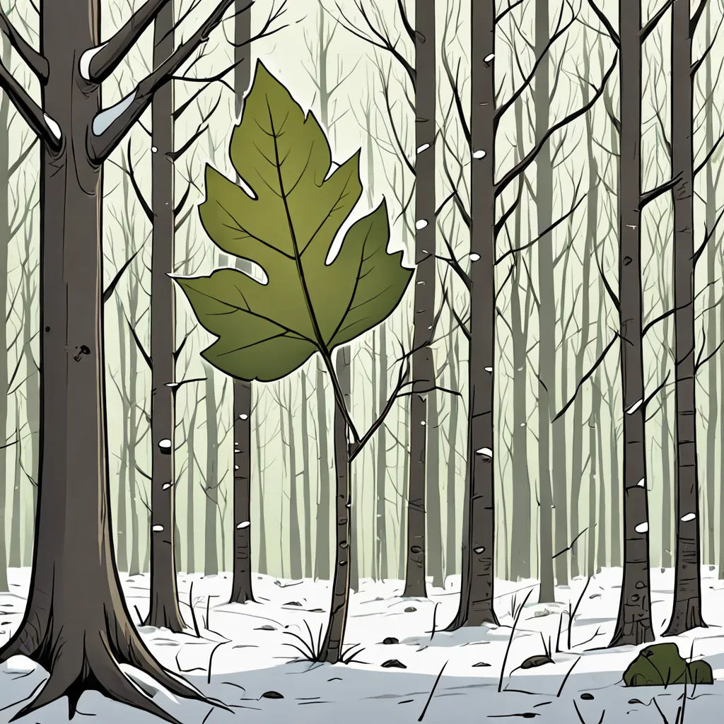 a leaf is in the middle of a snowy forest with trees in the background and a snow covered ground, environmental art, a storybook illustration, Asaf Hanuka, laurie greasley