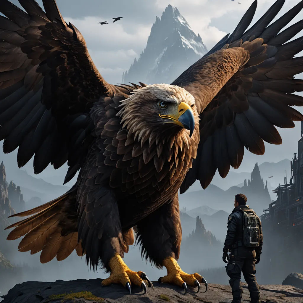 a man standing next to a large eagle on a cliff side with a mountain in the background and a bird flying above him, symbolism, computer graphics, Cedric Seaut (Keos Masons), unreal 5