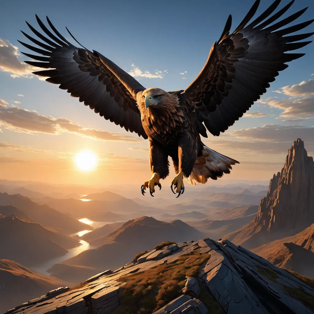 a large bird flying over a mountain range at sunset with a bird in the foreground and a mountain range in the background, art photography, a matte painting, Bernd Fasching, photoreal