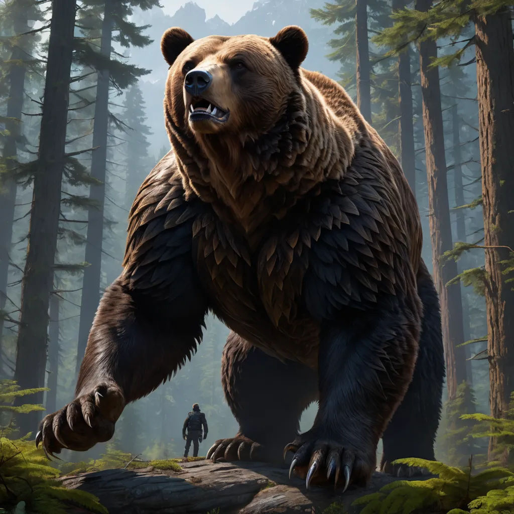 a large bear standing on top of a forest next to a man in a black suit and a forest, furry art, concept art, Clint Cearley, magic the gathering artwork