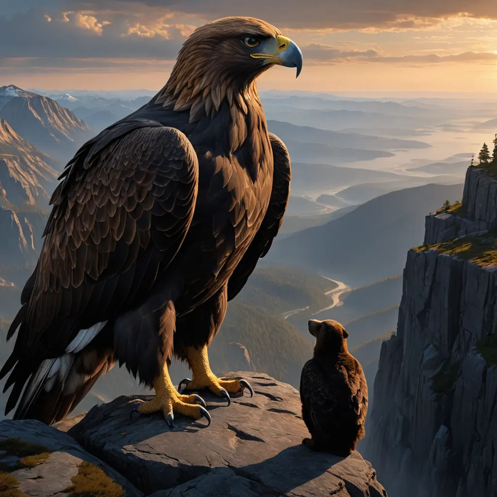 a large bird sitting on top of a mountain next to a smaller bird on a rock cliff with a mountain range in the background, fantasy art, a detailed matte painting, Brothers Hildebrandt, sense of awe