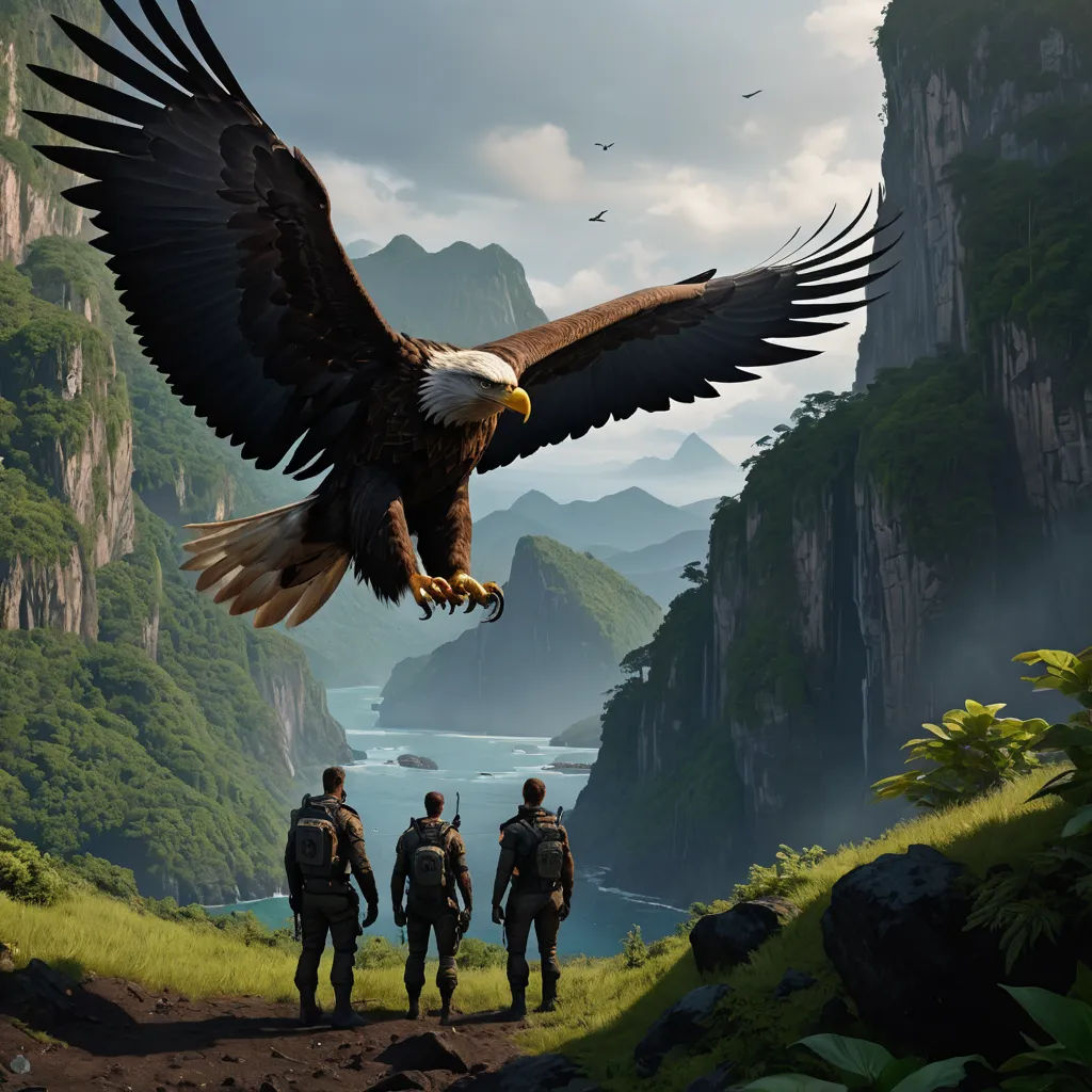 a large eagle flying over a group of people on a mountain side with a river in the background and mountains in the background, photorealism, a detailed matte painting, Chris LaBrooy, unreal 5