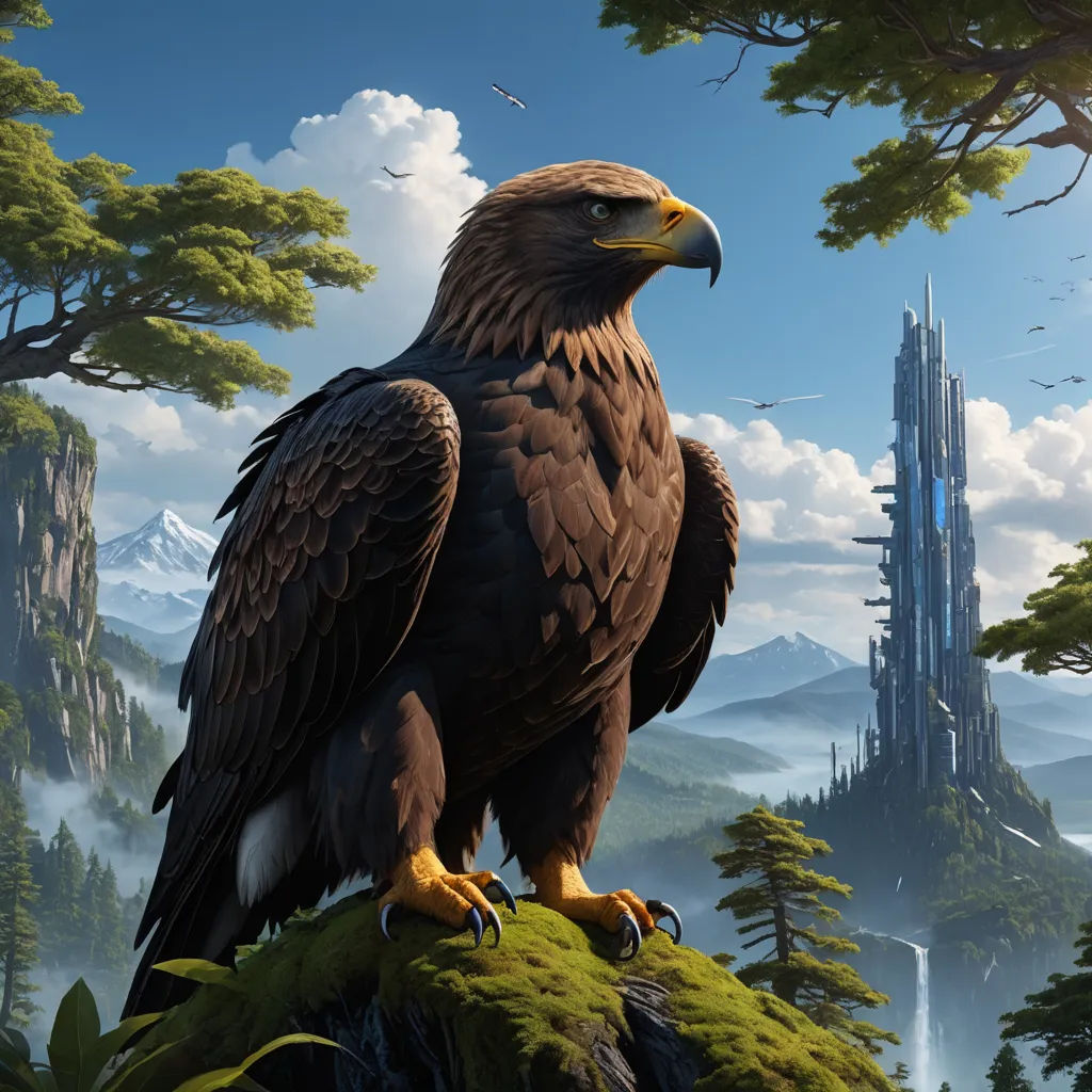 a bird sitting on top of a lush green hillside next to a tall building with a spire in the background, fantasy art, a detailed matte painting, Christophe Vacher, matte fantasy painting