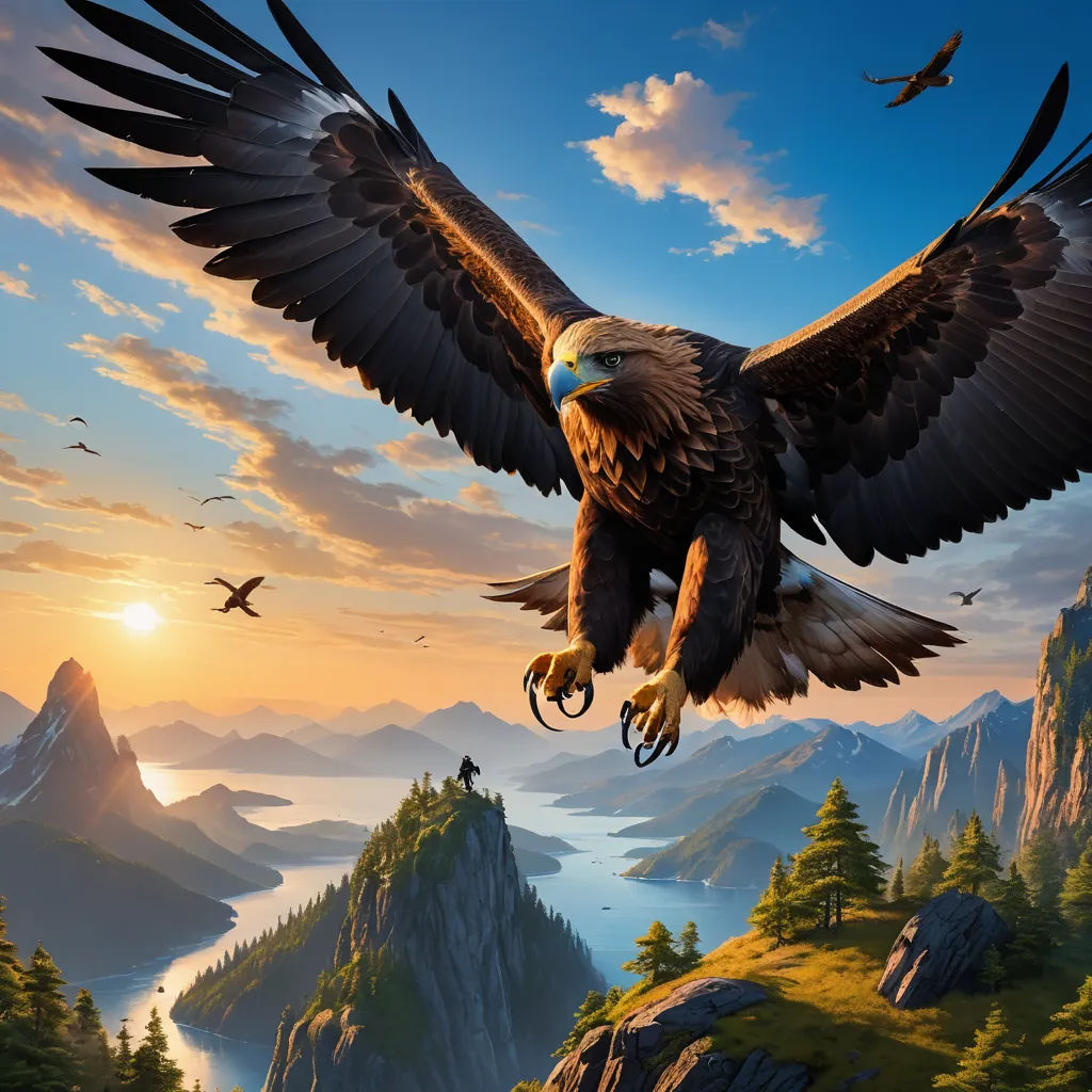 a painting of a bald eagle flying over a mountain range at sunset with a bird of prey in the foreground, fantasy art, a detailed matte painting, Anne Stokes, highly detailed digital painting