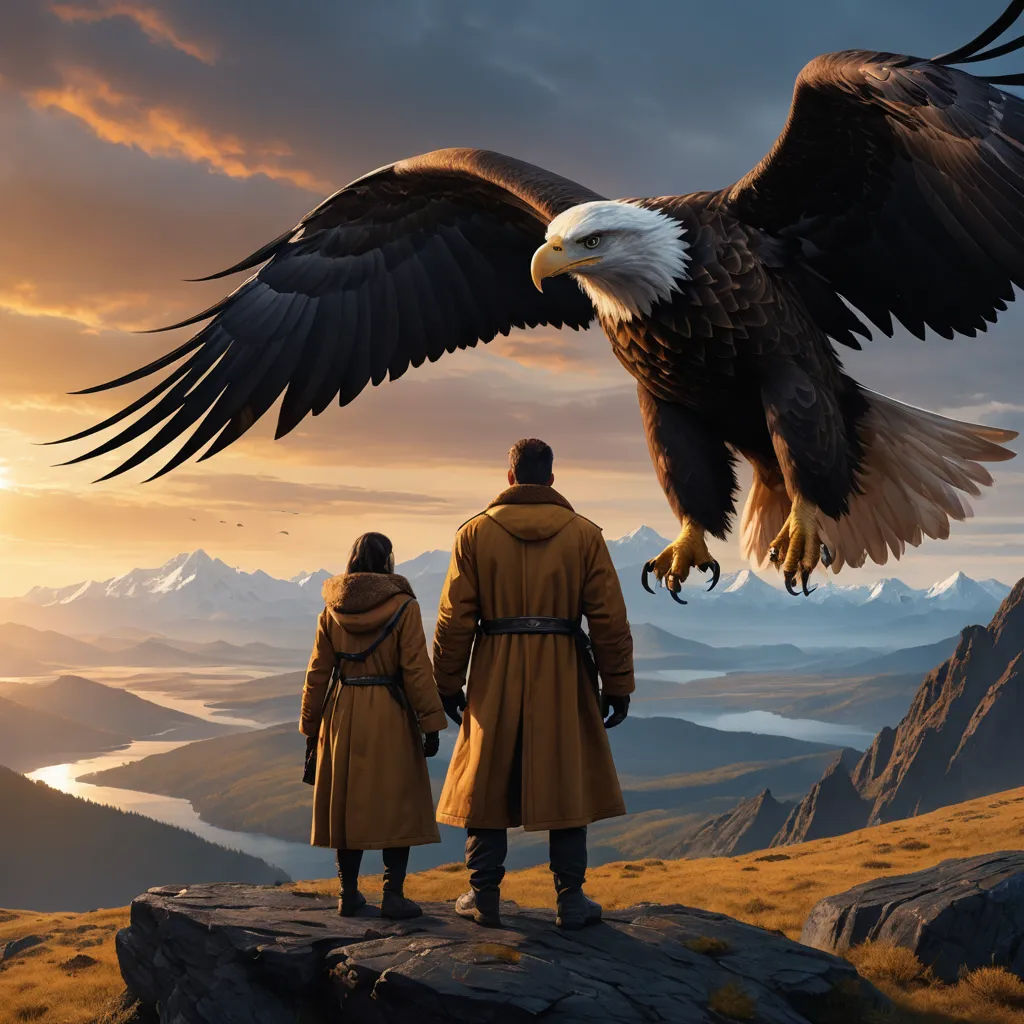 a man and woman standing on a mountain looking at an eagle flying over them with the sun setting behind them, fantasy art, a matte painting, Chris LaBrooy, cgstudio