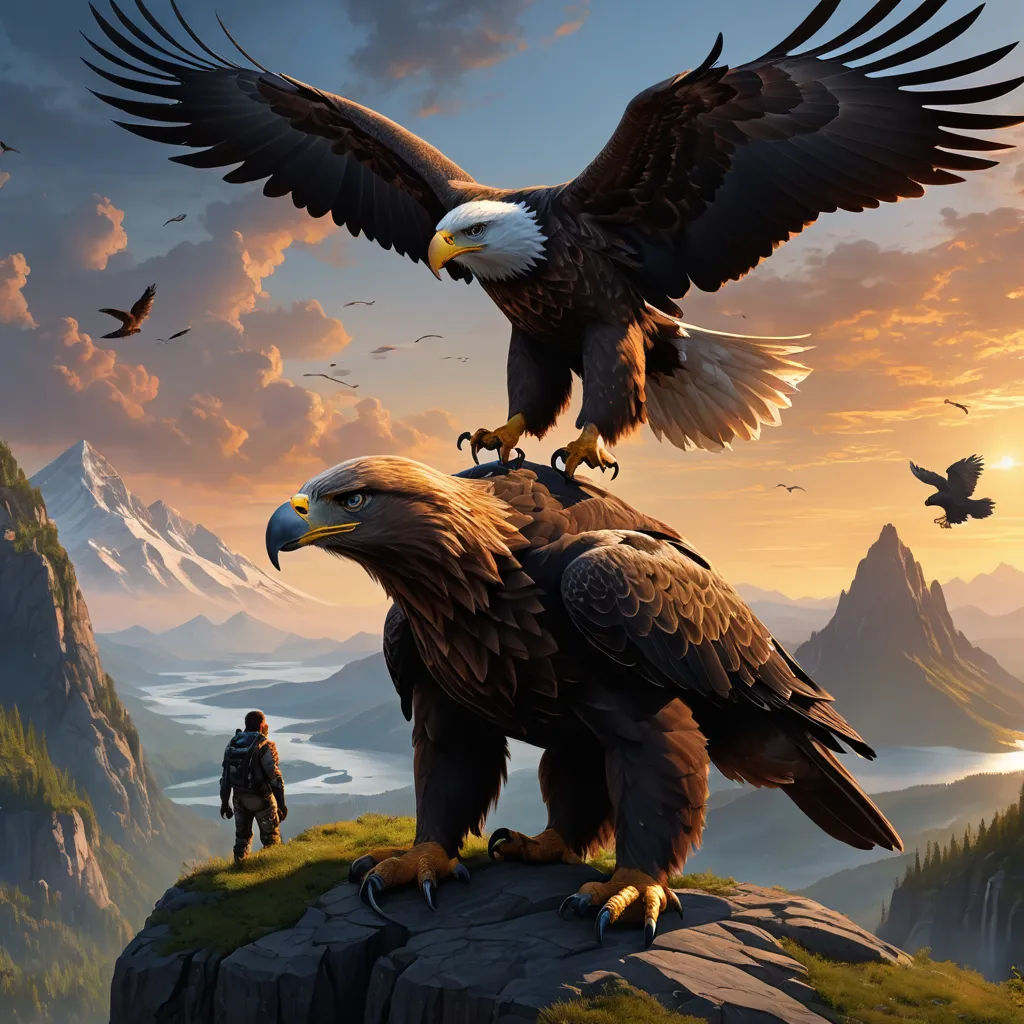 a painting of two bald eagles on a cliff with a man standing on the cliff watching them from the cliff, fantasy art, a detailed matte painting, Christophe Vacher, highly detailed digital painting