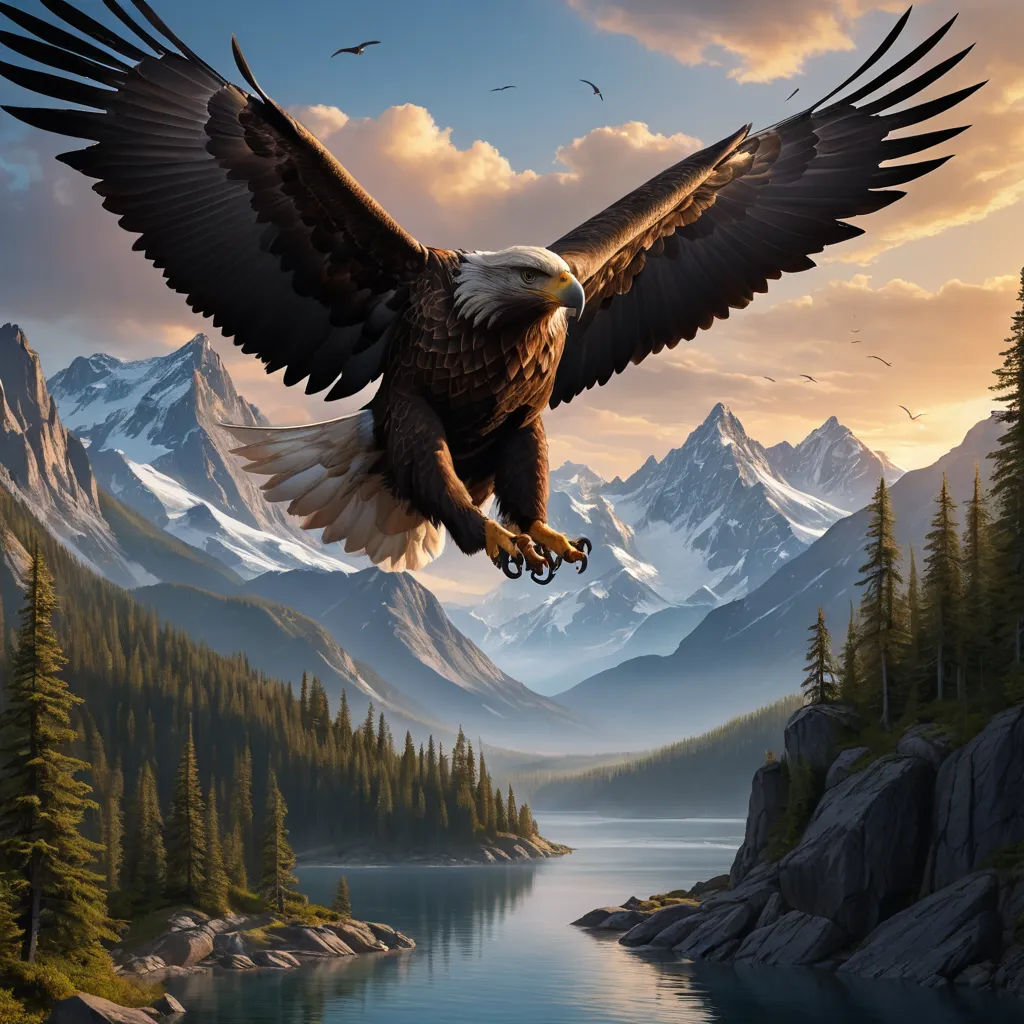 a painting of an eagle flying over a mountain lake with a mountain range in the background and a lake below, fantasy art, a detailed matte painting, Anne Stokes, highly detailed digital painting