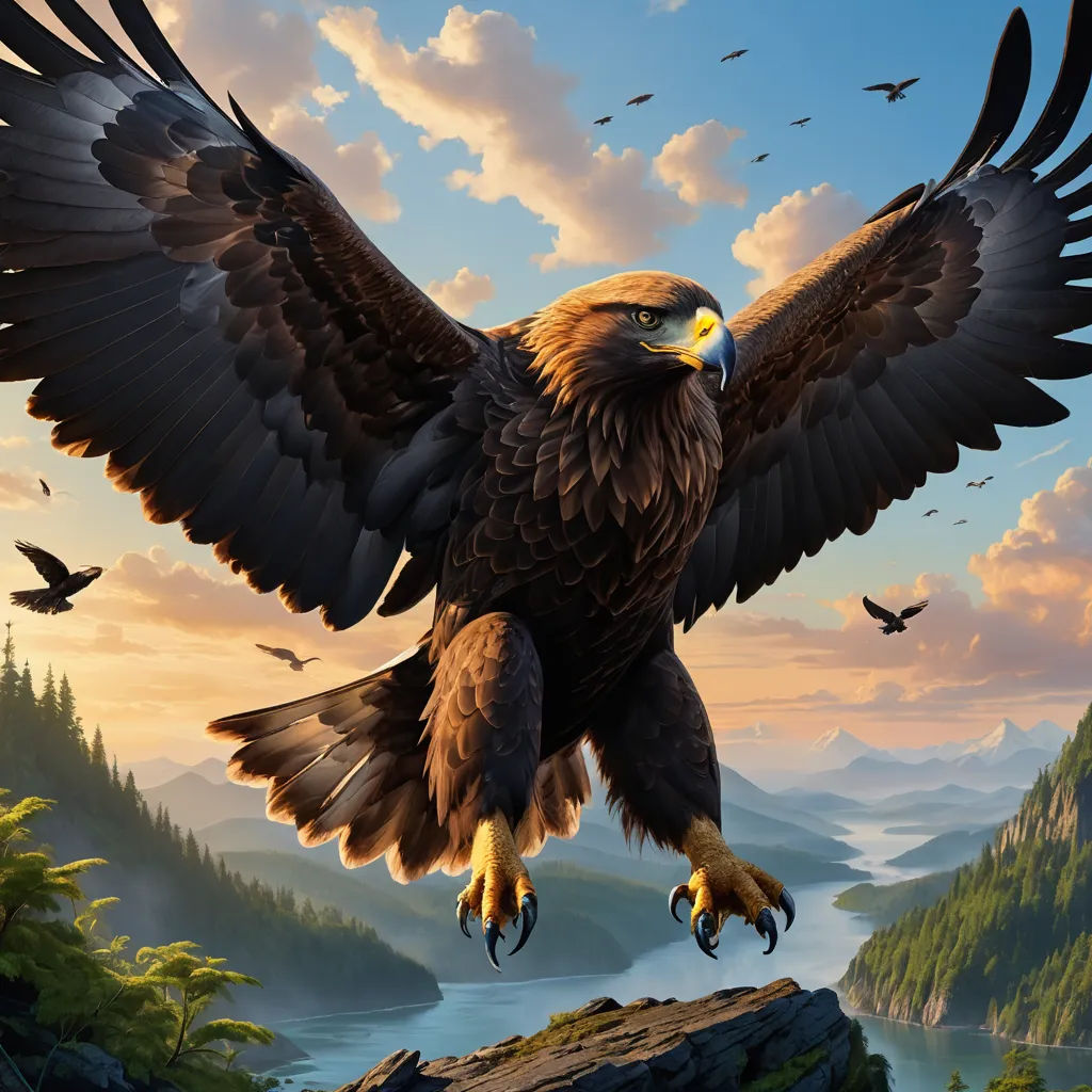a painting of a bird of prey with its wings spread out and spread out, with a mountain and river in the background, fantasy art, a detailed matte painting, Chris LaBrooy, highly detailed digital painting