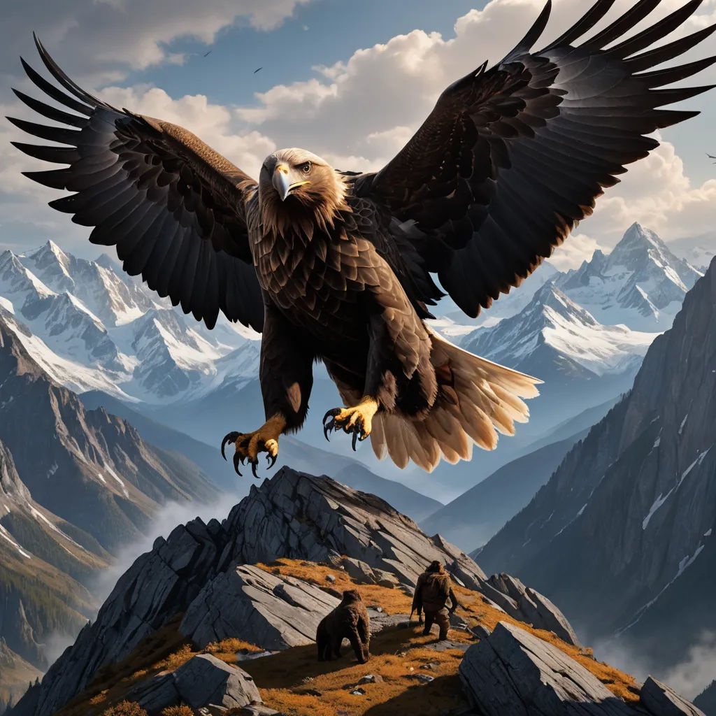 a large eagle is flying over a mountain range with other animals in the background and a mountain range in the background, fantasy art, a detailed matte painting, Christophe Vacher, highly detailed digital painting