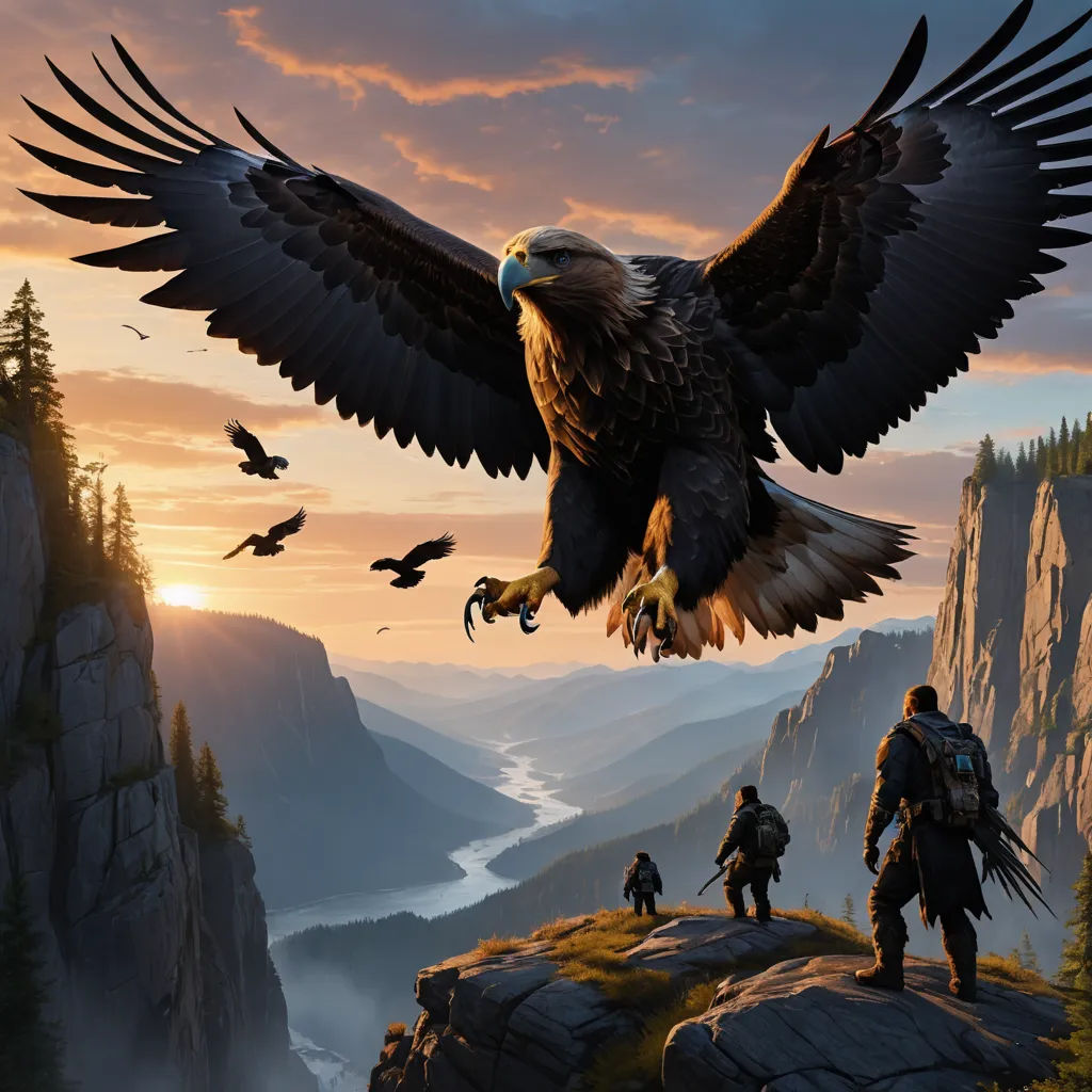 a painting of a bald eagle flying over a mountain range with two men and a bird in the foreground, fantasy art, a detailed matte painting, Clint Cearley, epic fantasy character art