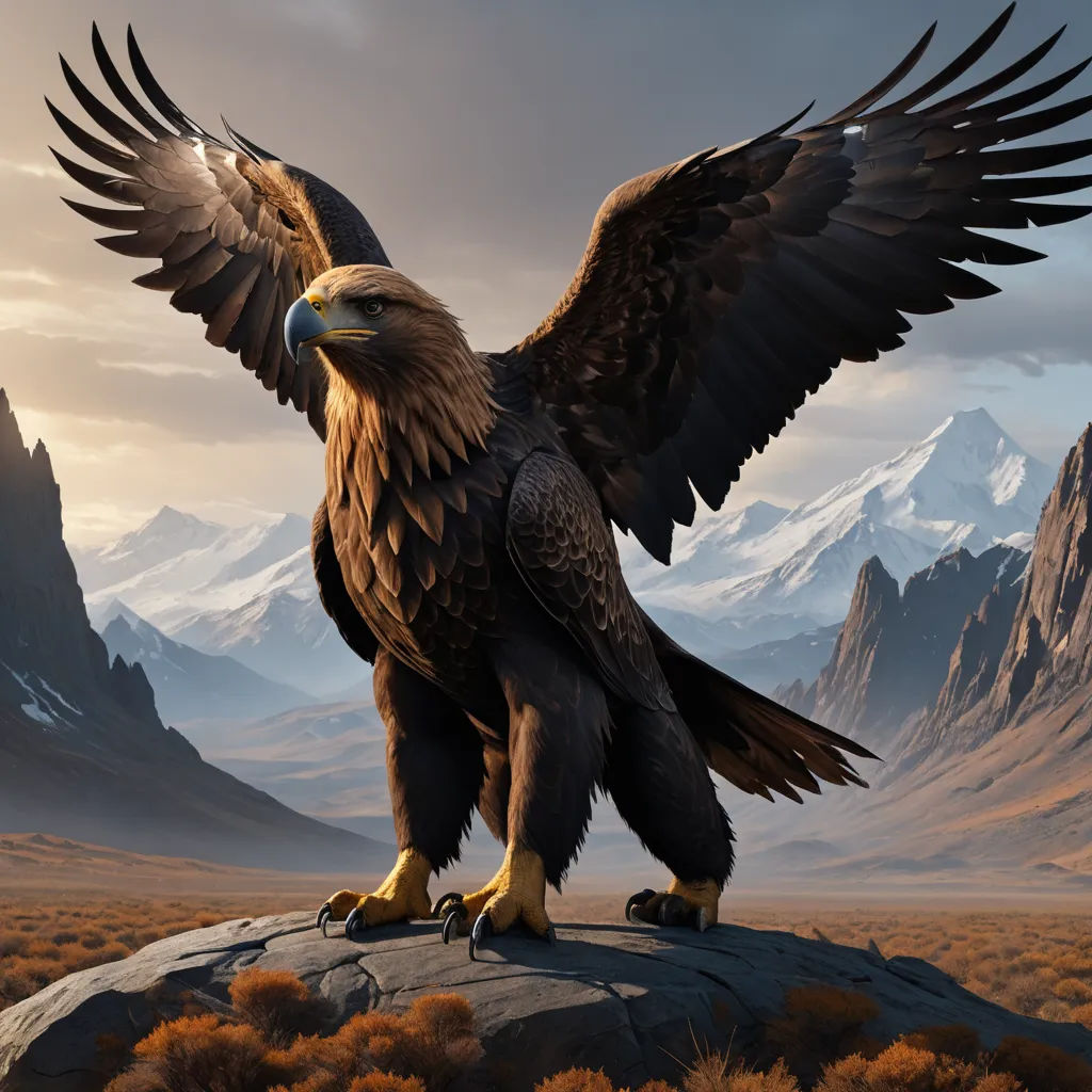 a large bird with a large wingspan standing on a rock in the desert with mountains in the background and a cloudy sky, fantasy art, an airbrush painting, Chris LaBrooy, majestic