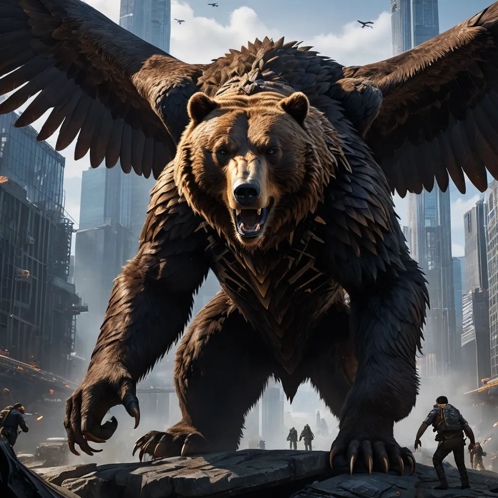 a giant bear with wings standing on a rock in a city with other people and birds in the background, furry art, concept art, Chris LaBrooy, cryengine