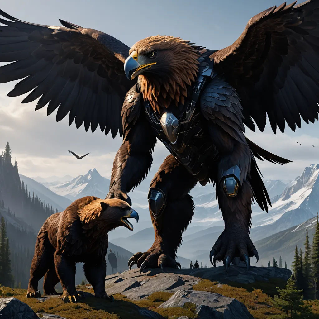 a large bird standing next to a smaller bird on a mountain side with mountains in the background and a sky filled with clouds, furry art, computer graphics, Chris LaBrooy, unreal 5