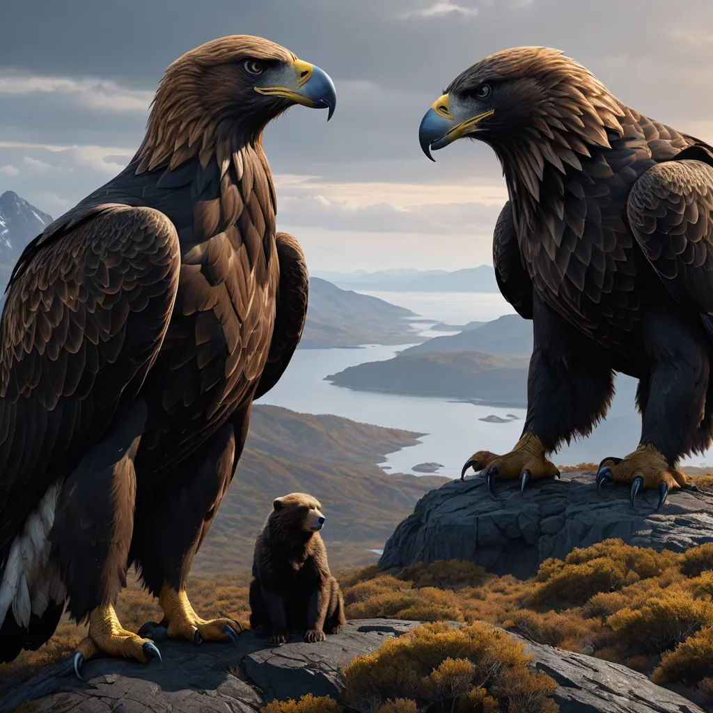 two large birds sitting on top of a mountain next to a baby bear on a rock covered hillside with a lake in the background, photorealism, a detailed matte painting, Brothers Hildebrandt, unreal engine render