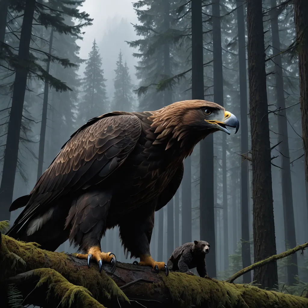 a large eagle sitting on a tree branch in a forest with a baby bird nearby in the foreground, photorealism, a detailed matte painting, Chris LaBrooy, photoreal