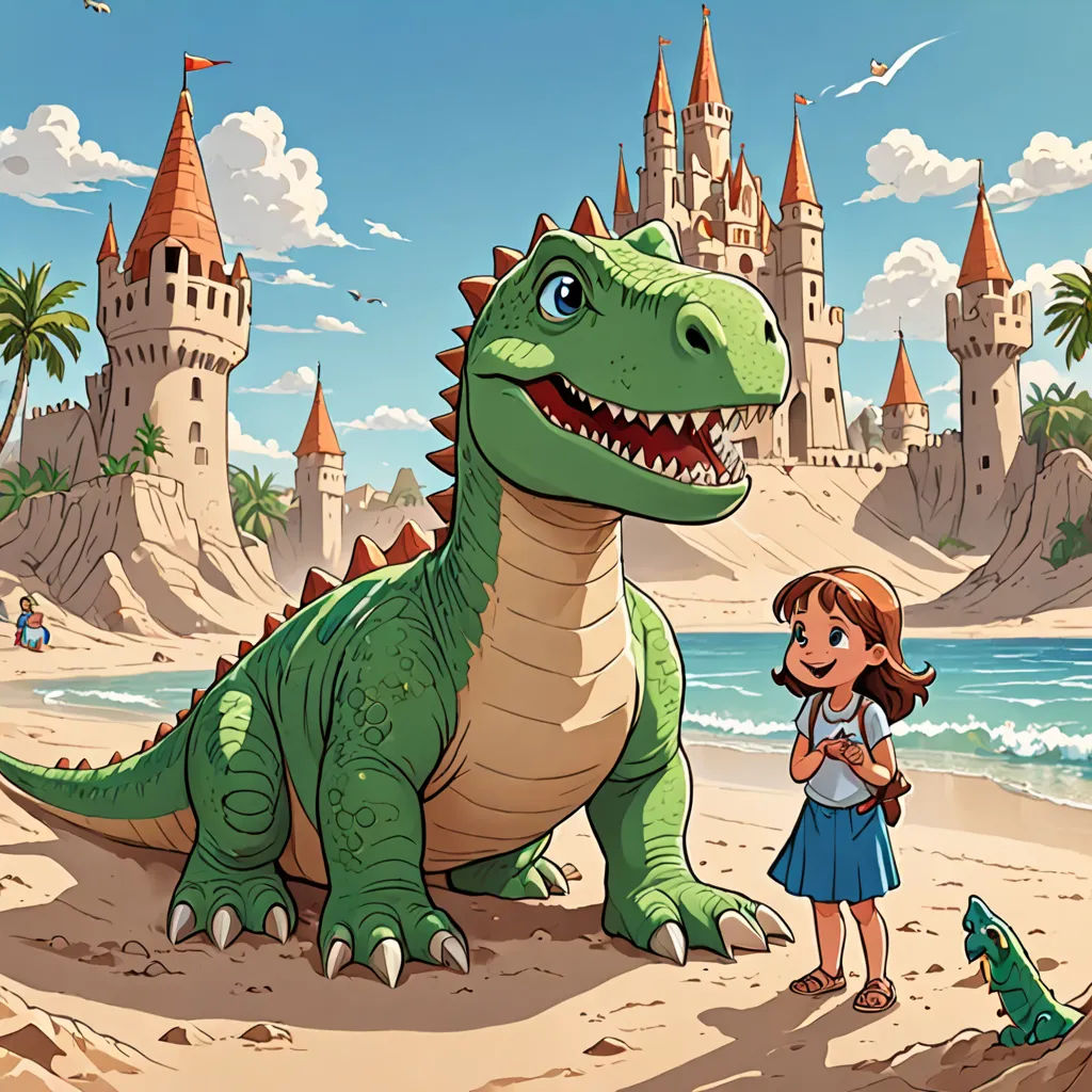 a girl standing next to a dinosaur on a beach near a castle with a girl looking at it and a dragon in the sand, Cliff Childs, fantasy art, a storybook illustration, storybook illustration