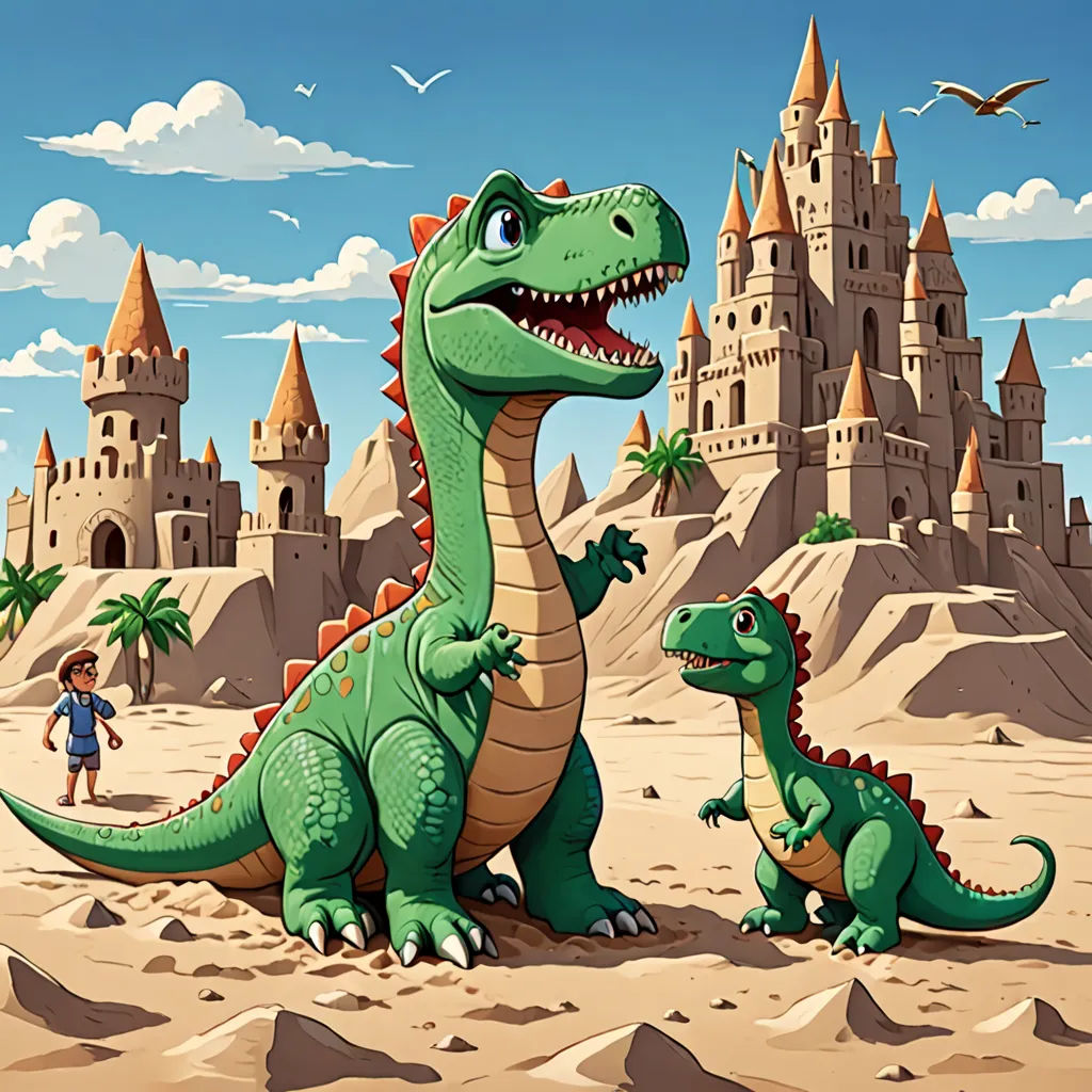 a boy and a dinosaur in front of a castle with a castle in the background and a boy walking in the foreground, Adam Rex, fantasy art, a storybook illustration, storybook illustration