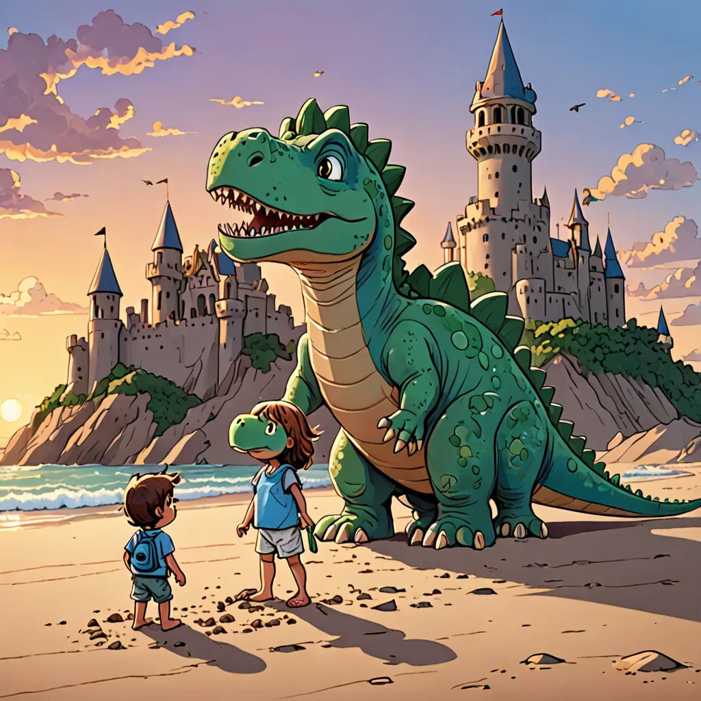 a boy and a girl standing on a beach next to a dinosaur and castle in the background with a castle in the background, Adam Rex, fantasy art, a storybook illustration, storybook illustration