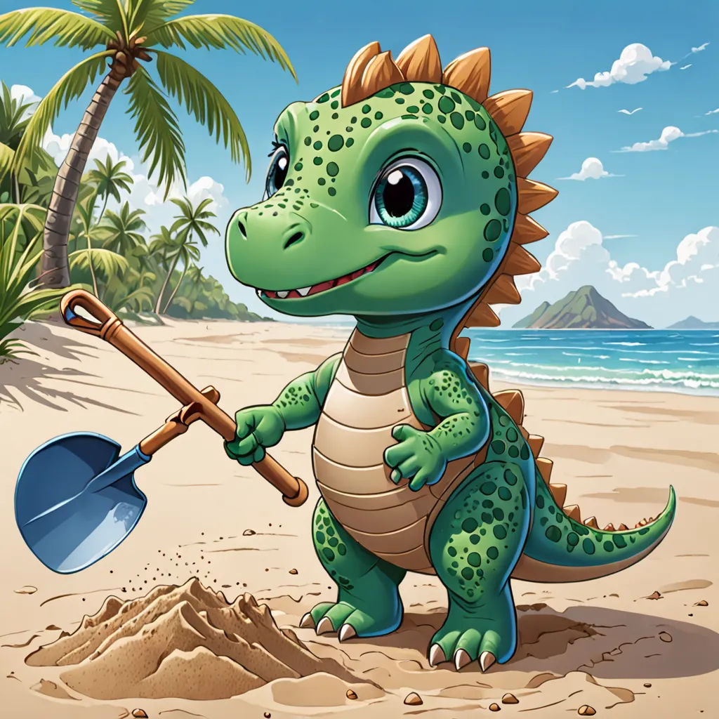 a cartoon dinosaur digging a hole in the sand with a shovel and a shovel in his hand, on a beach, Adam Rex, sots art, a character portrait, official art