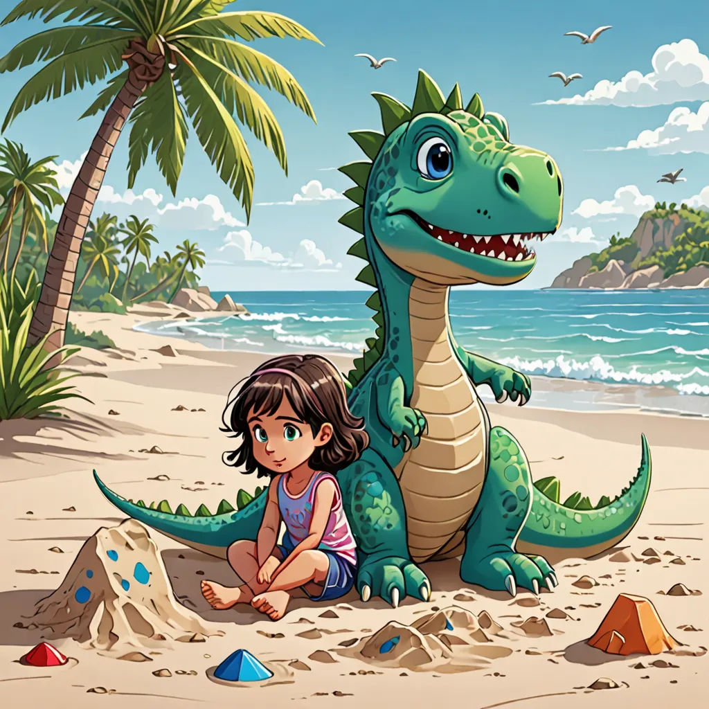 a girl and a dinosaur on the beach with a tent and a tent in the sand and a beach with a palm tree, Adam Rex, fantasy art, a storybook illustration, storybook illustration