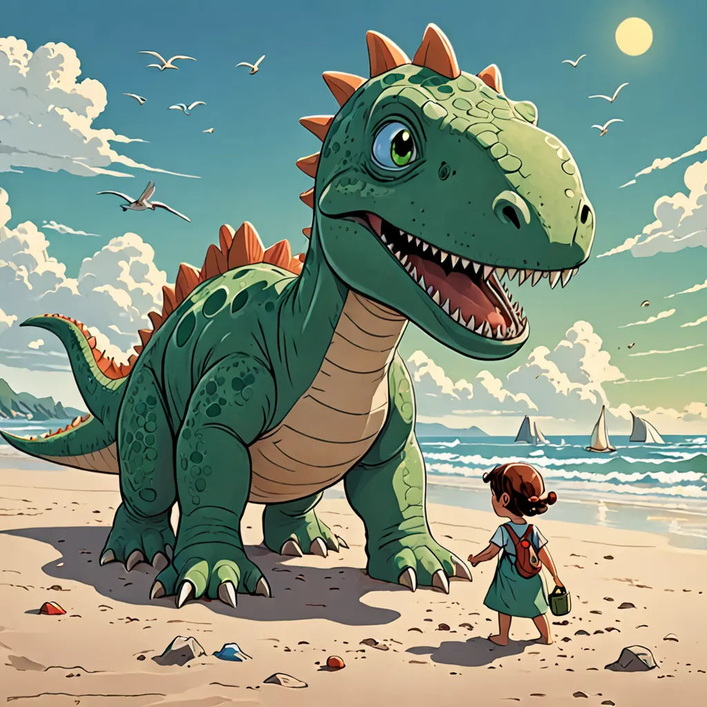 a girl and a dinosaur on a beach with a sailboat in the background and a sailboat in the water, Adam Rex, fantasy art, a storybook illustration, rossdraws global illumination
