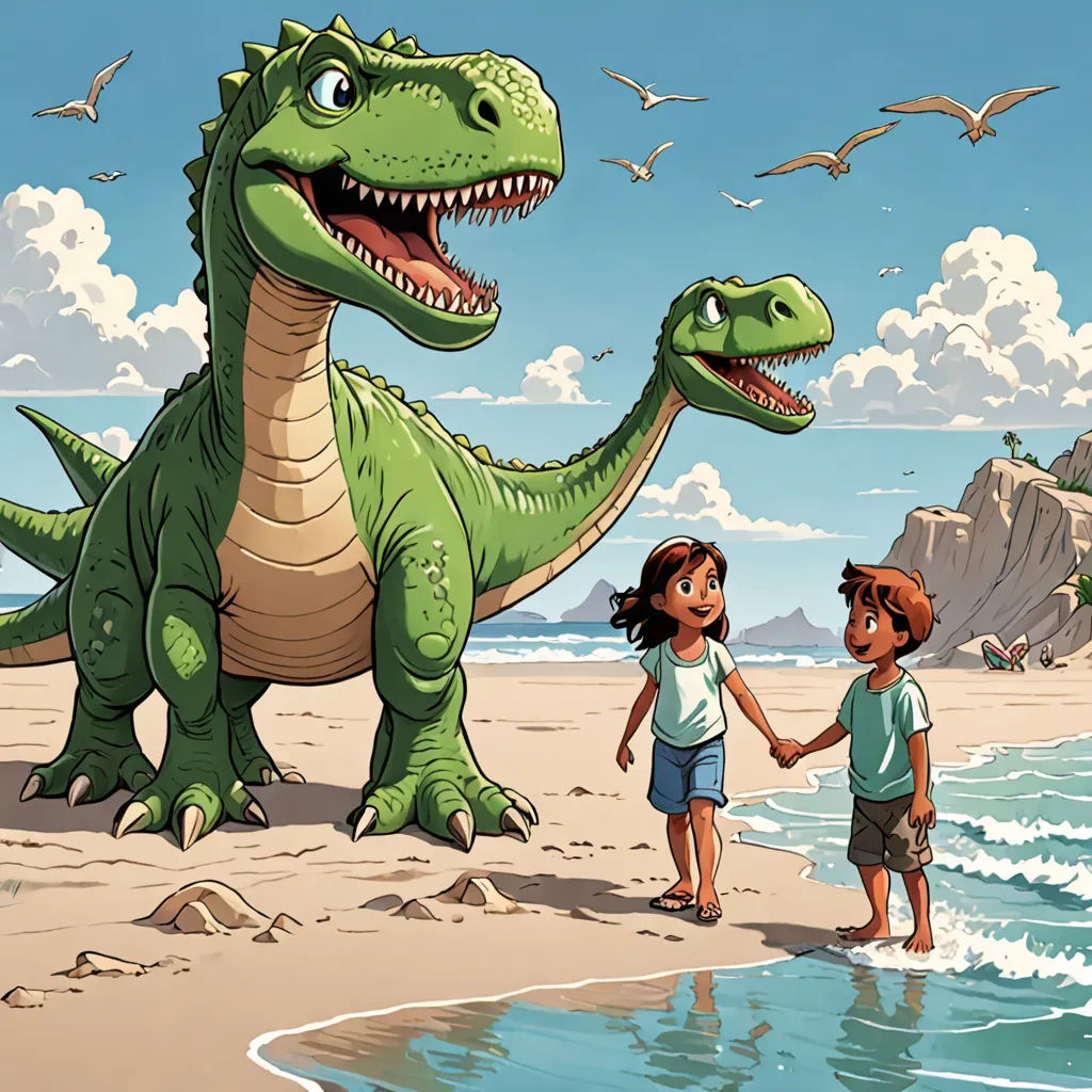 a boy and girl are standing on the beach with a dinosaur in the background and a bird flying over the water, Adam Rex, lyco art, a storybook illustration, comic cover art