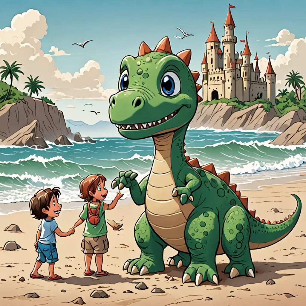 a boy and a girl are standing on the beach with a dinosaur and castle in the background, and a boy is pointing at the dinosaur, Adam Rex, fantasy art, a storybook illustration, storybook illustration