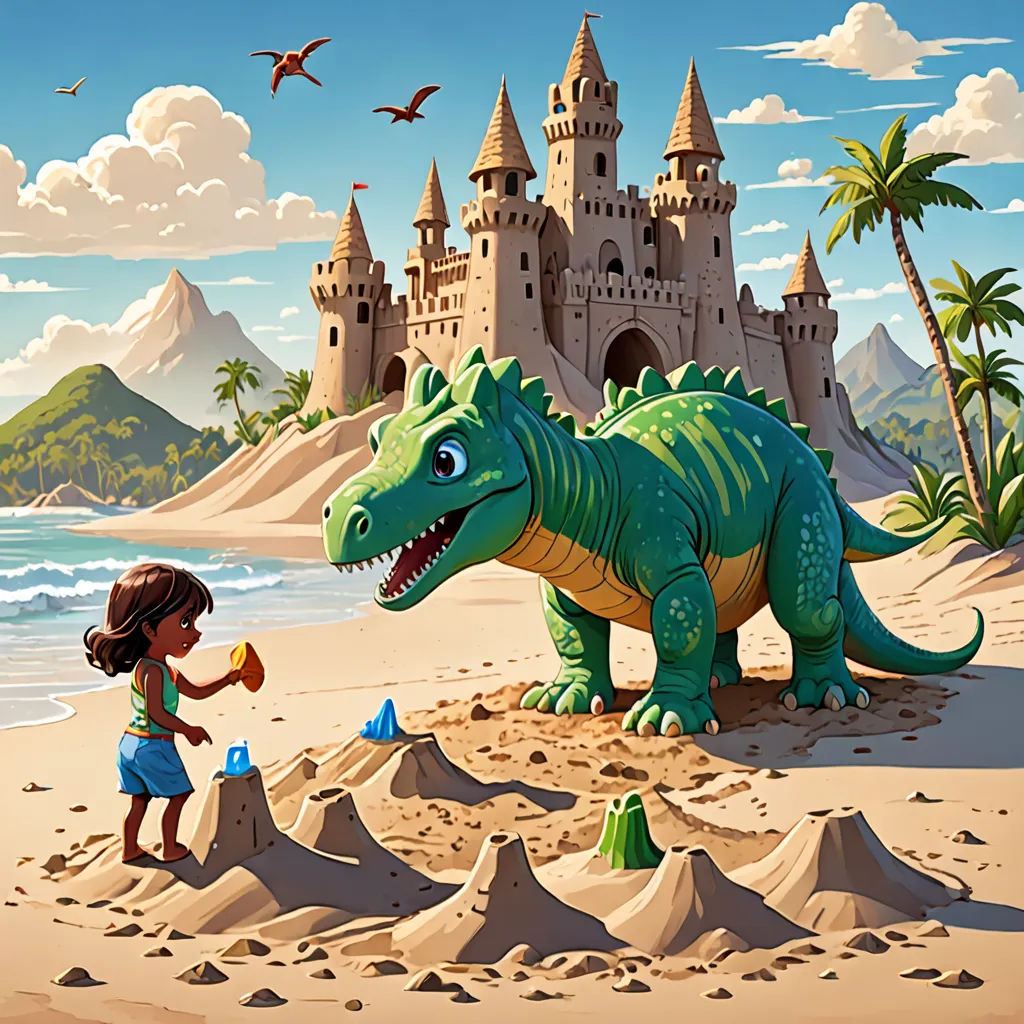 a girl and a dinosaur on a beach with a castle in the background and a castle in the sand, Chris LaBrooy, fantasy art, a storybook illustration, rossdraws global illumination