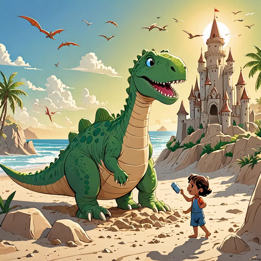 a cartoon of a girl and a dinosaur on a beach with a castle in the background and a castle in the background, Adam Rex, fantasy art, a storybook illustration, storybook illustration