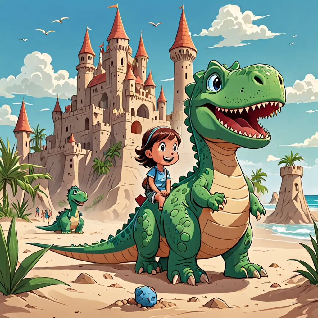 a girl riding on the back of a dinosaur in front of a castle with a boy on it's back, Adam Rex, fantasy art, a storybook illustration, storybook illustration