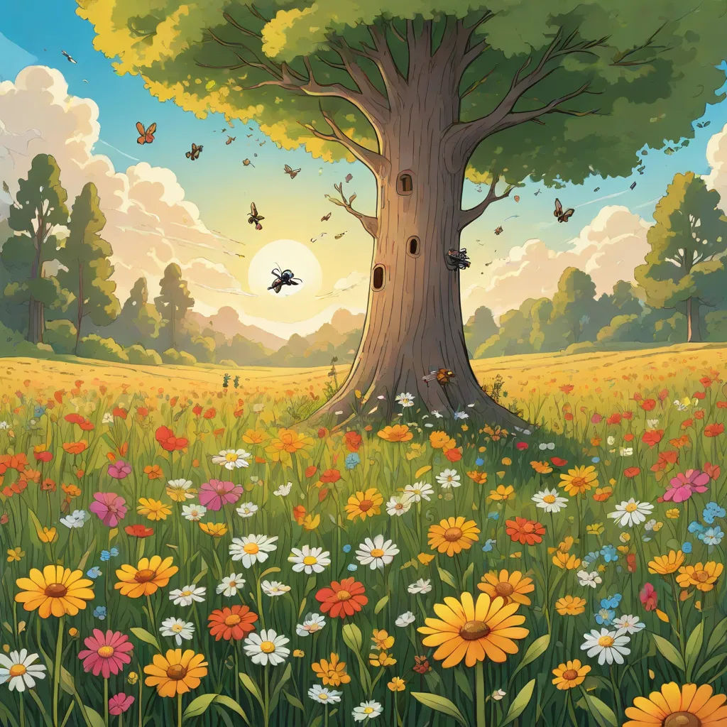 a painting of a tree in a field of flowers with a bird flying over it and a sun setting, fantasy art, a storybook illustration, Chris LaBrooy, rossdraws global illumination