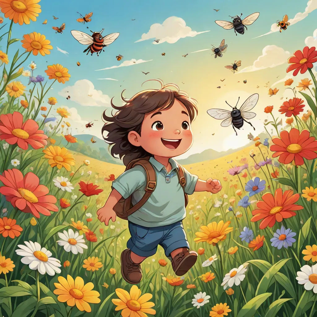 a girl running through a field of flowers with bees flying overhead illustration by alex krapfke for the children's book, environmental art, a storybook illustration, Diego Gisbert Llorens, storybook illustration