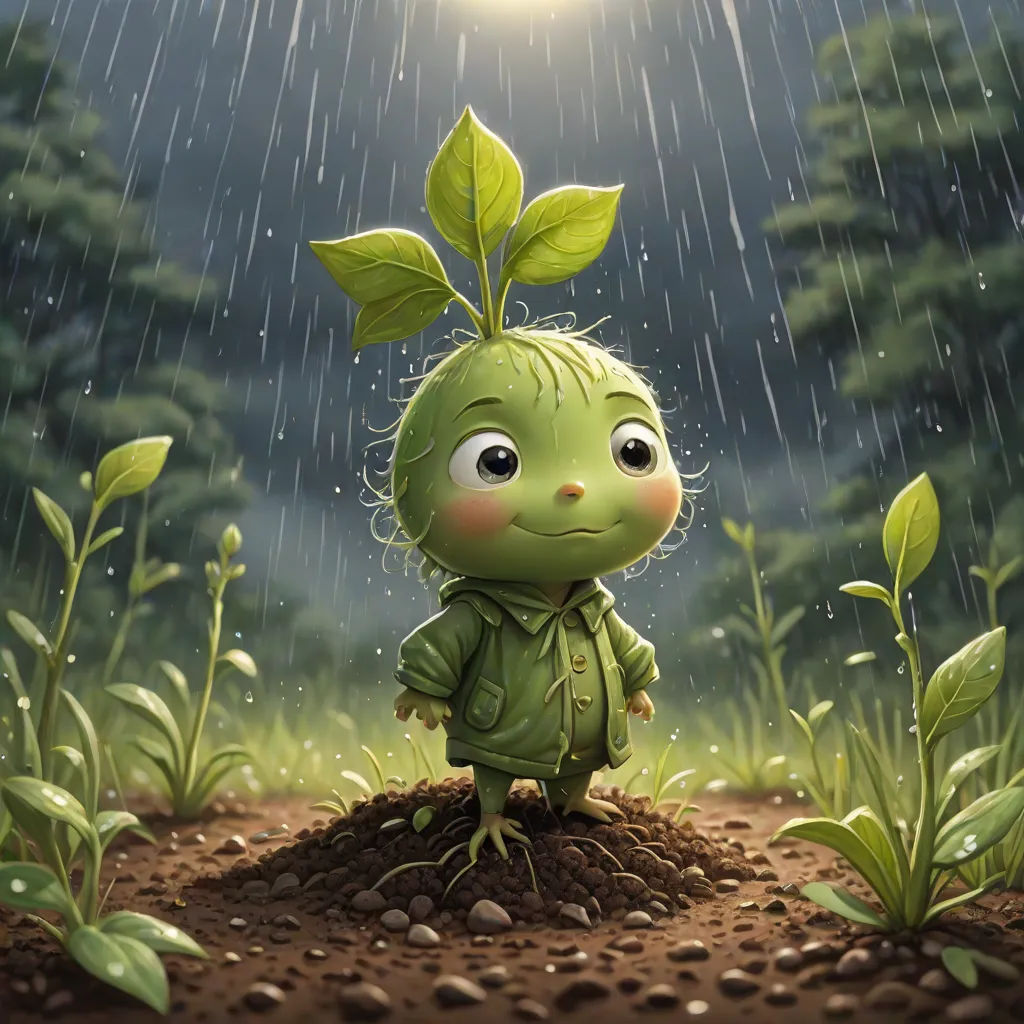 a cartoon character is standing in the rain with a plant growing out of his head and eyes, with a forest in the background, fantasy art, a digital painting, Chris LaBrooy, highly detailed digital painting