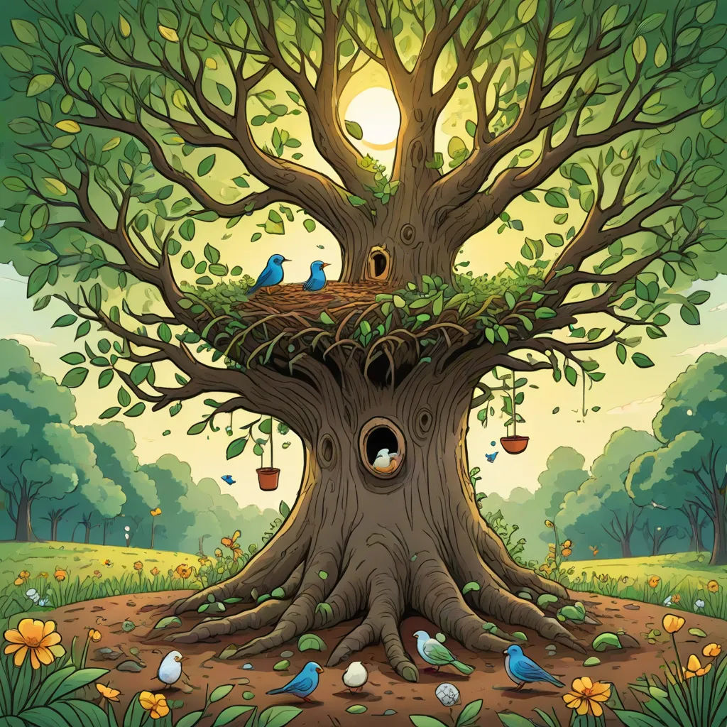 a tree with birds sitting on it and a bird nest in the middle of it's trunk, with a sun in the background, magical realism, a storybook illustration, Chris LaBrooy, rossdraws global illumination