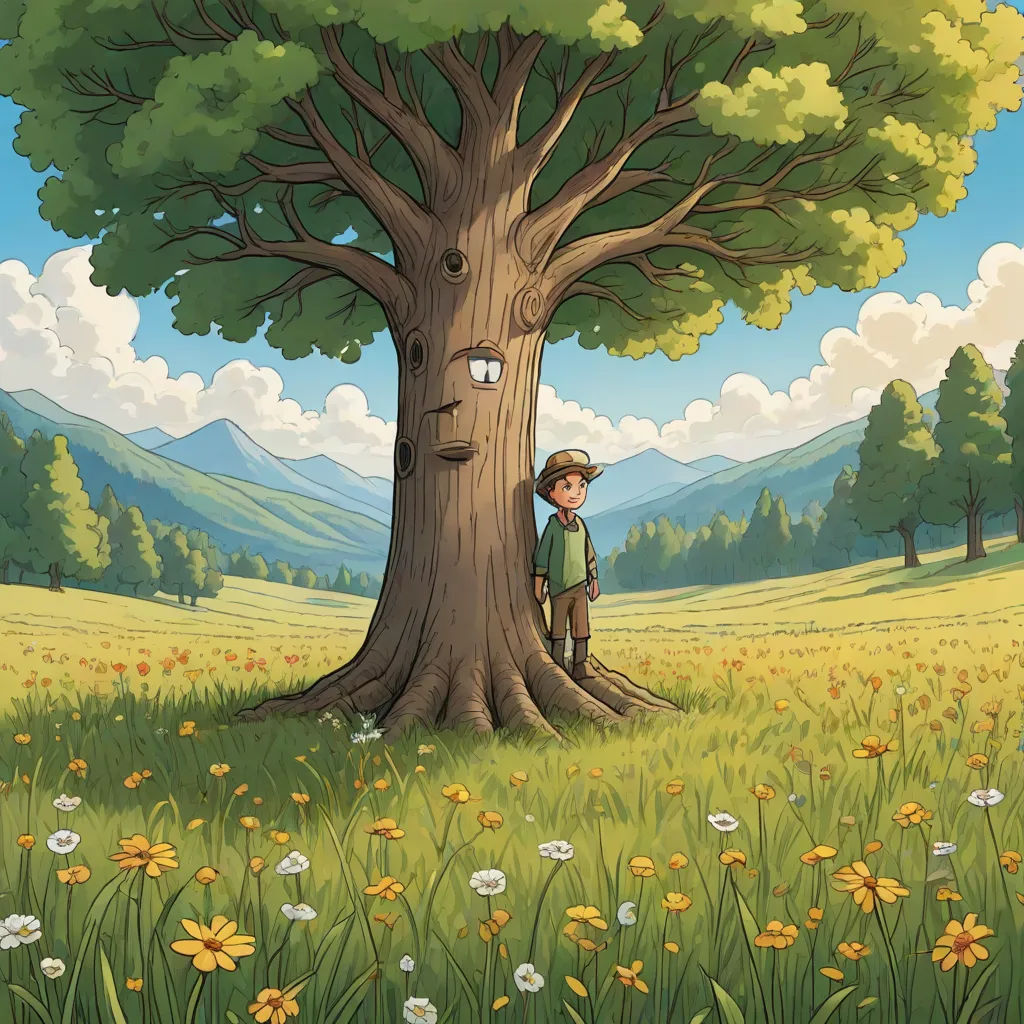 a boy standing next to a tree in a field with flowers on it and a sky background with clouds, environmental art, a storybook illustration, Chris LaBrooy, promotional image