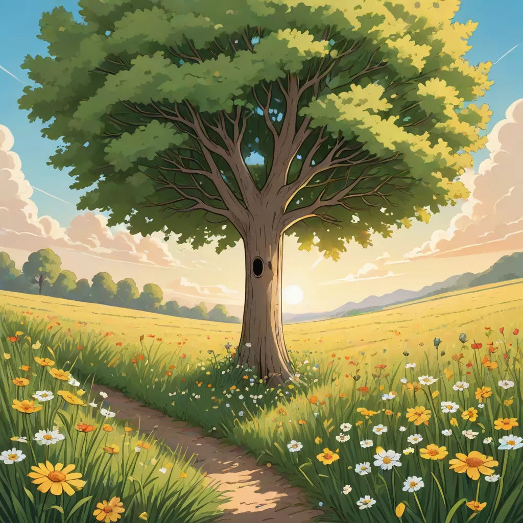 a painting of a tree in a field with flowers and a path leading to it with a sun in the background, environmental art, a storybook illustration, Chris LaBrooy, official art