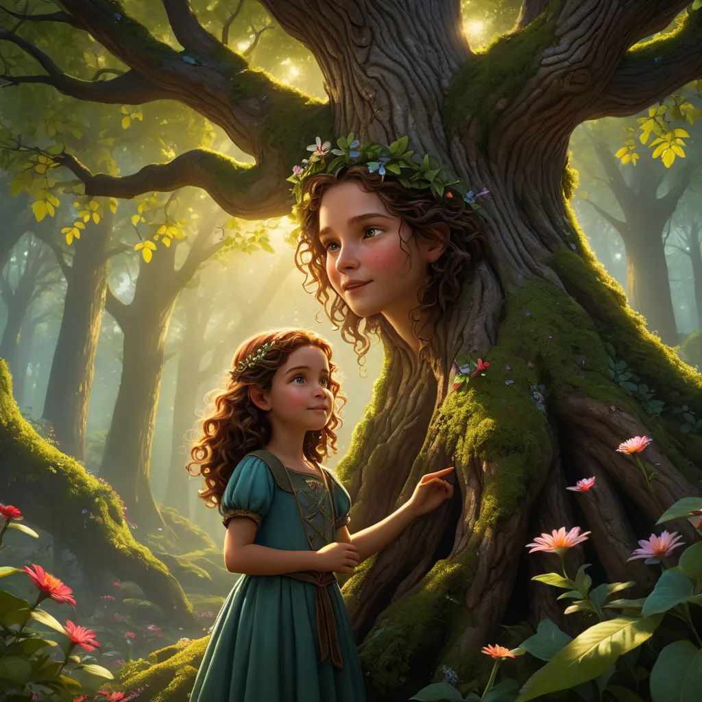 a painting of a girl standing next to a tree in a forest with flowers on it's head, fantasy art, a storybook illustration, Brad Kunkle, storybook illustration