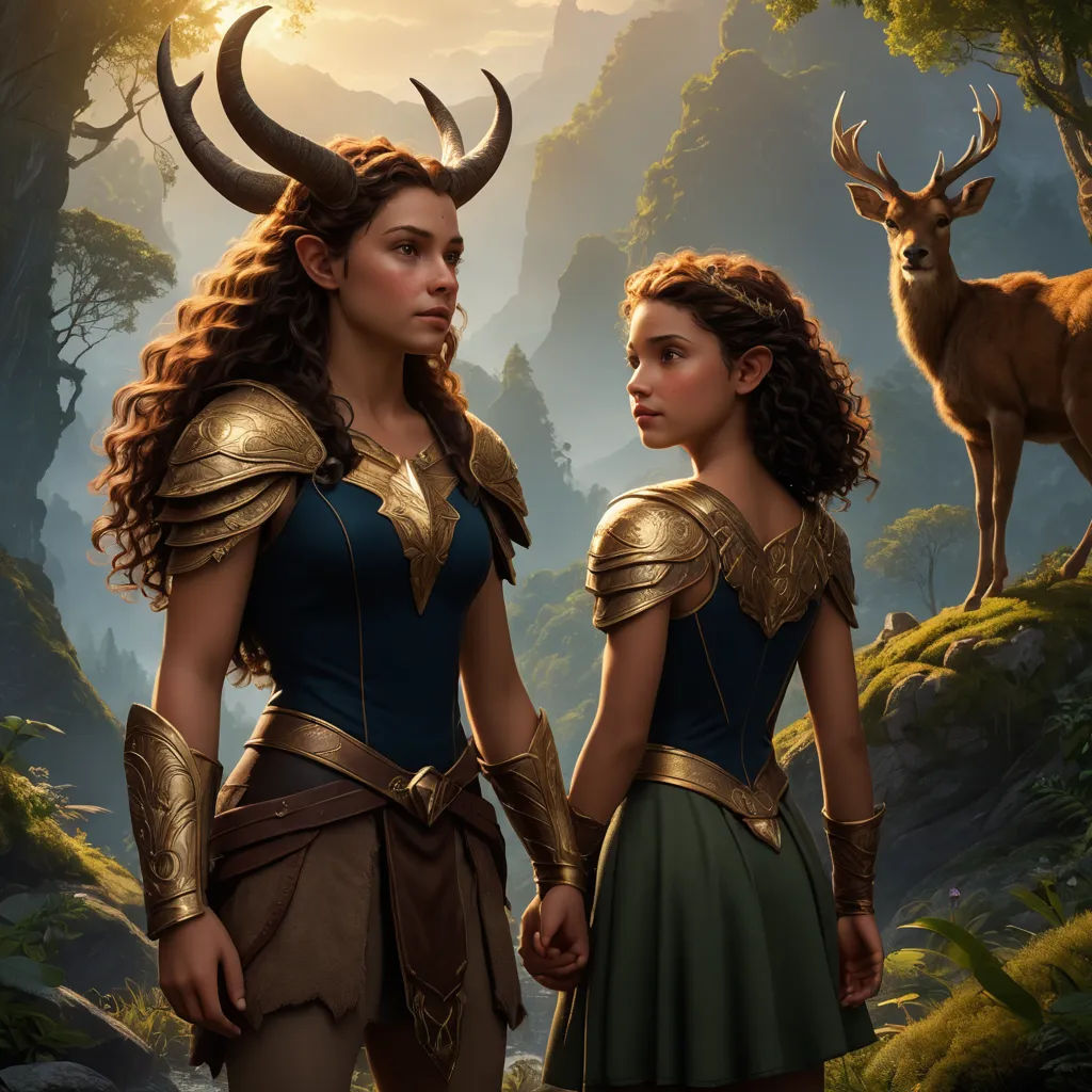 two women dressed in costumes standing in a forest with deers in the background and a deer on the other side of the picture, fantasy art, poster art, Clint Cearley, key art