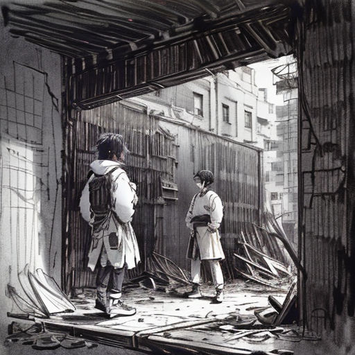 a drawing of two children standing in a doorway of a building with a broken door and a broken window