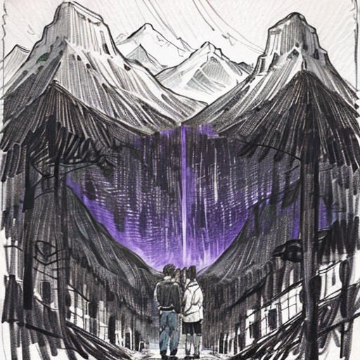 a couple standing in front of a mountain with a purple light on it's face and a purple light on their face