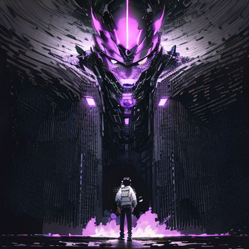 a man standing in a dark room with a purple light on the ceiling and a giant robot head on the wall
